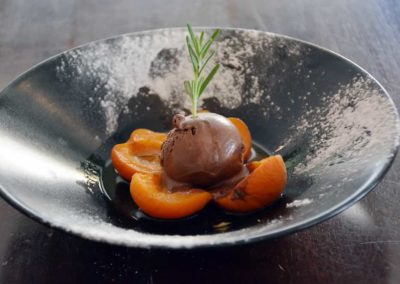 Abricots rôtis au romarin et miel, glace au chocolat